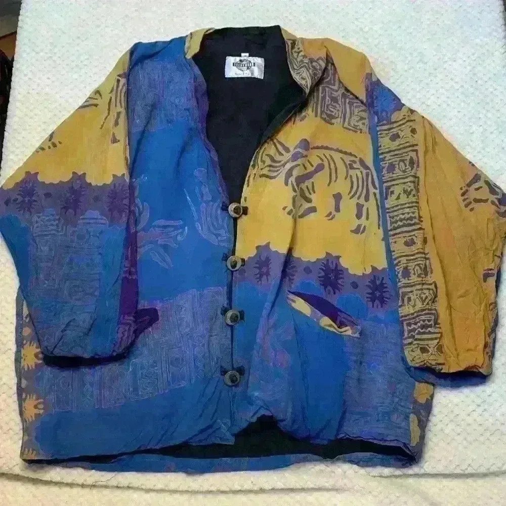Vintage New York 70s lightweight coat sz L/XL colorful quilted unique handmade